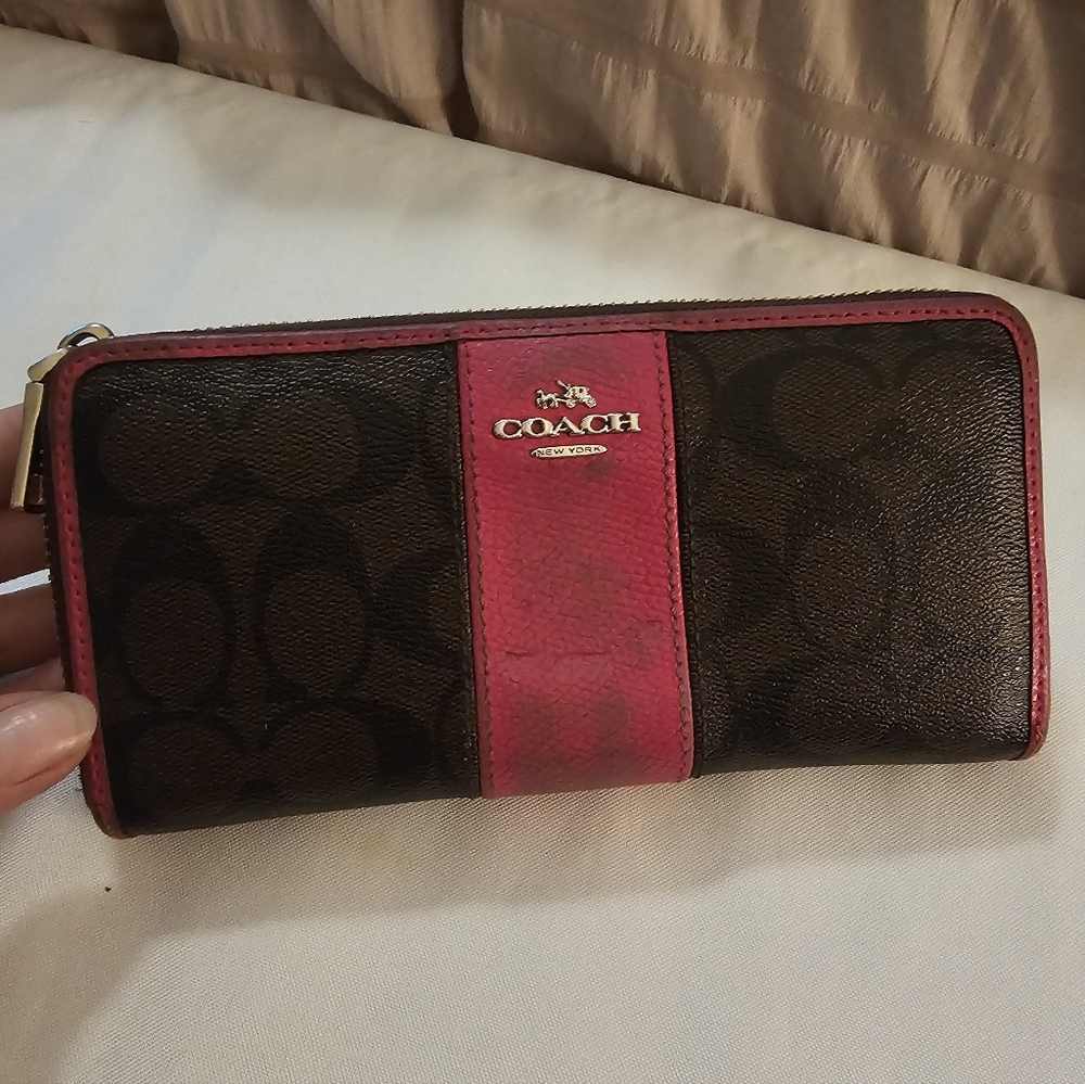 Coach Dark Brown and Pink Zip Wallet